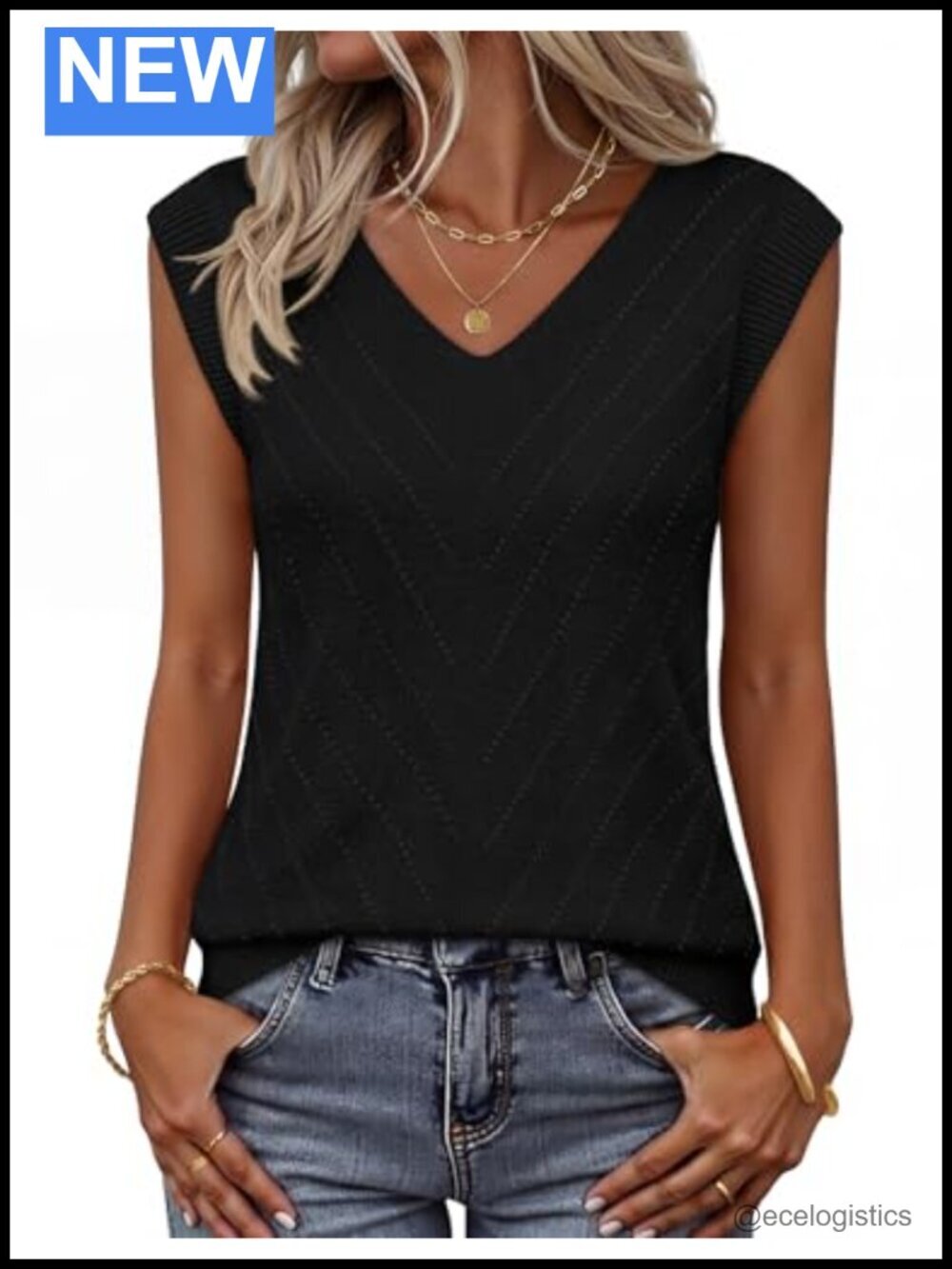 Sleeveless Eyelet Tank Top V-Neck Lightweight Knit Sweater Vest Layering Blouse